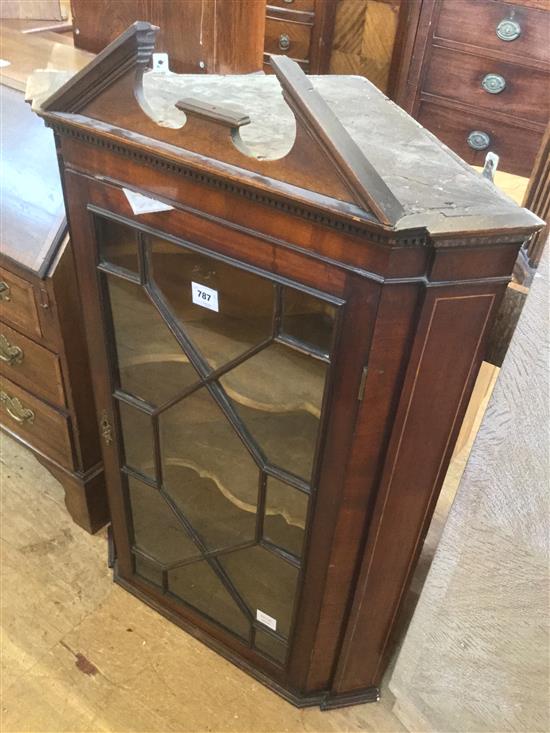 George III inlaid mahogany glazed  breakfront hanging corner cupboard(-)